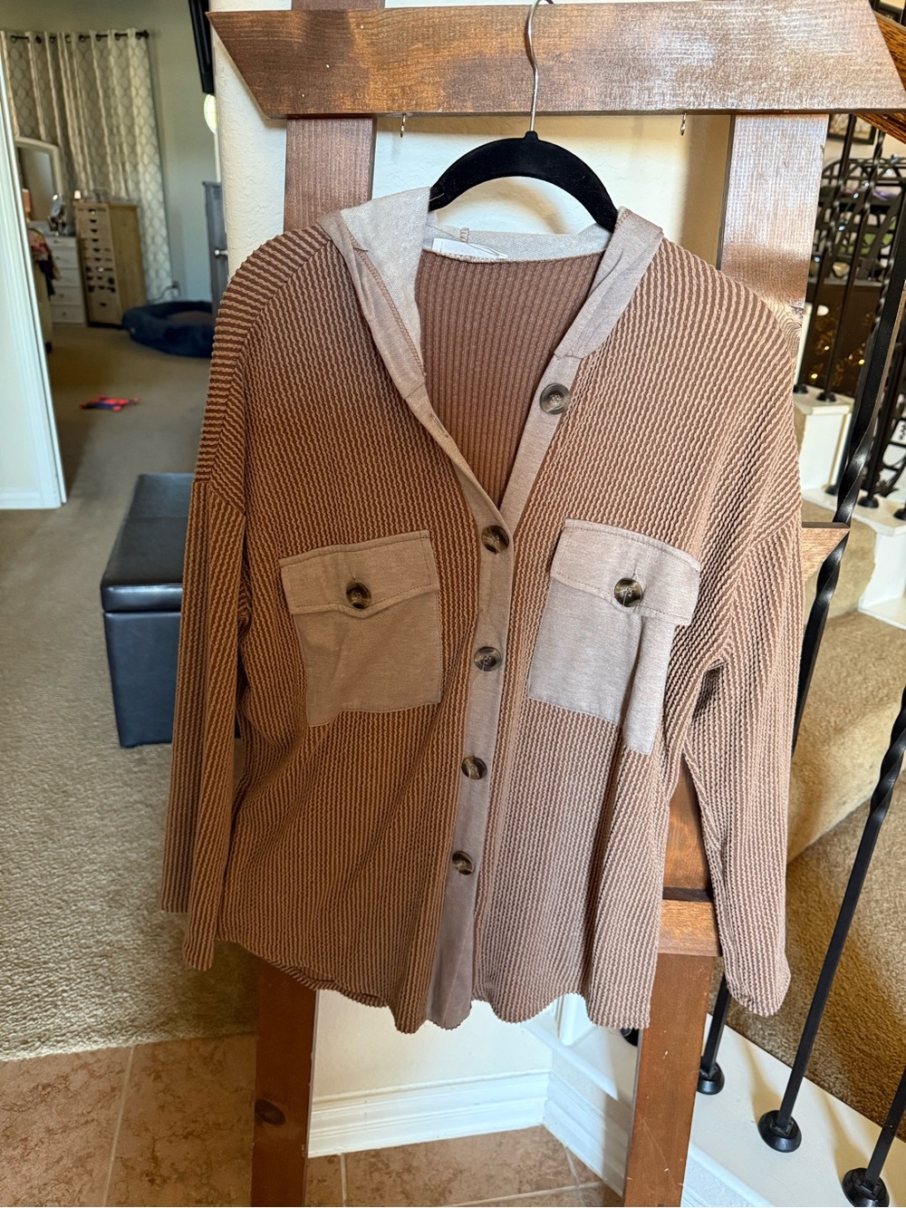 Reborn J Two-Tone Brown and Tan Button-Front Knit Top